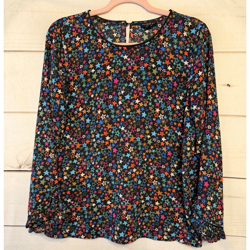 Current Air Women's Black Star Print Long‎ Sleeve Top Blouse Size Medium